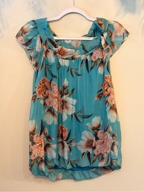ELENA BALDI Silk Floral Turquoise Cap-Sleeve Blouse